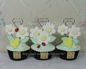 (클레이머핀) 옐로우 플라워 &amp; 병아리 포토꽂이 컵케익 no.254